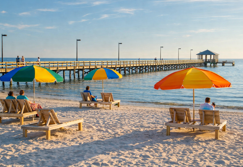 Serene beach evening with colorful umbrellas